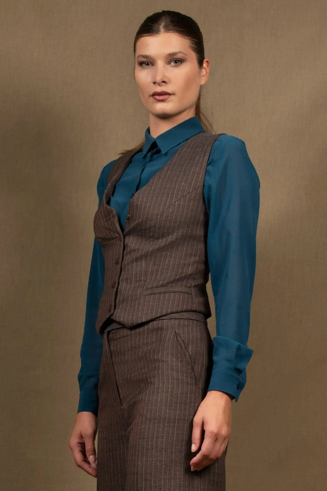 Pantalon Taille Femme Coupe Flare Laine Marron Rayé - Certitude My tailor is Joh