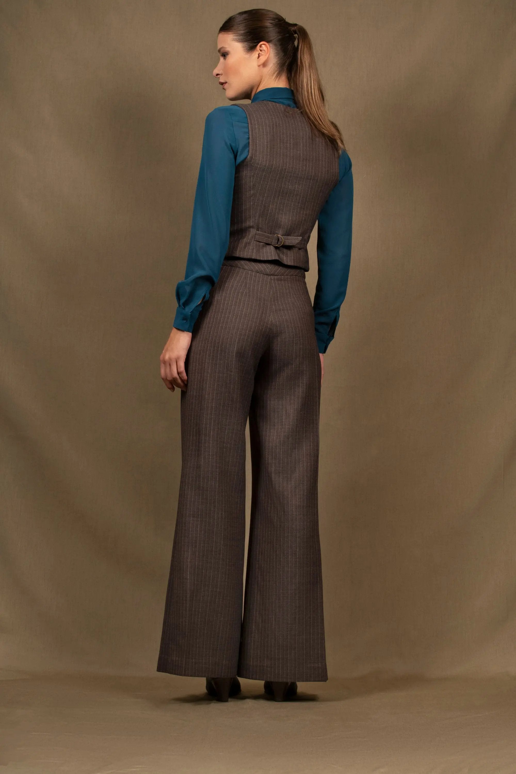Pantalon Taille Femme Coupe Flare Laine Marron Rayé - Certitude My tailor is Joh