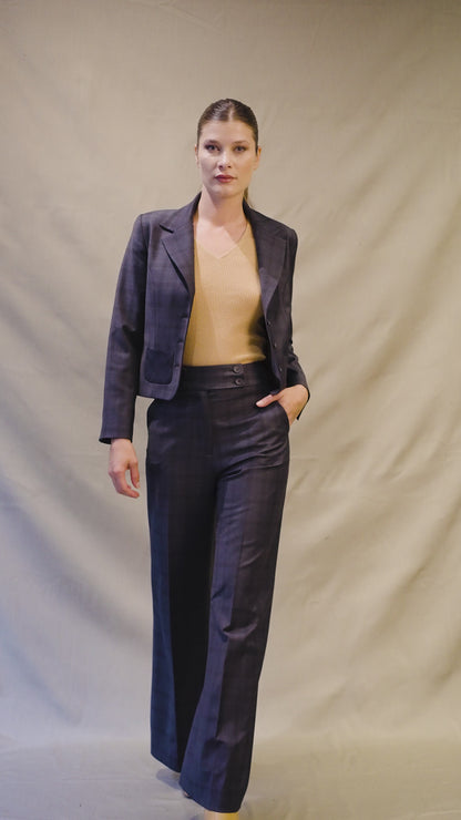 Tailleur Femme Veste Courte Pantalon Coupe Flair Laine Bleu Marine à Carreaux - Certitude