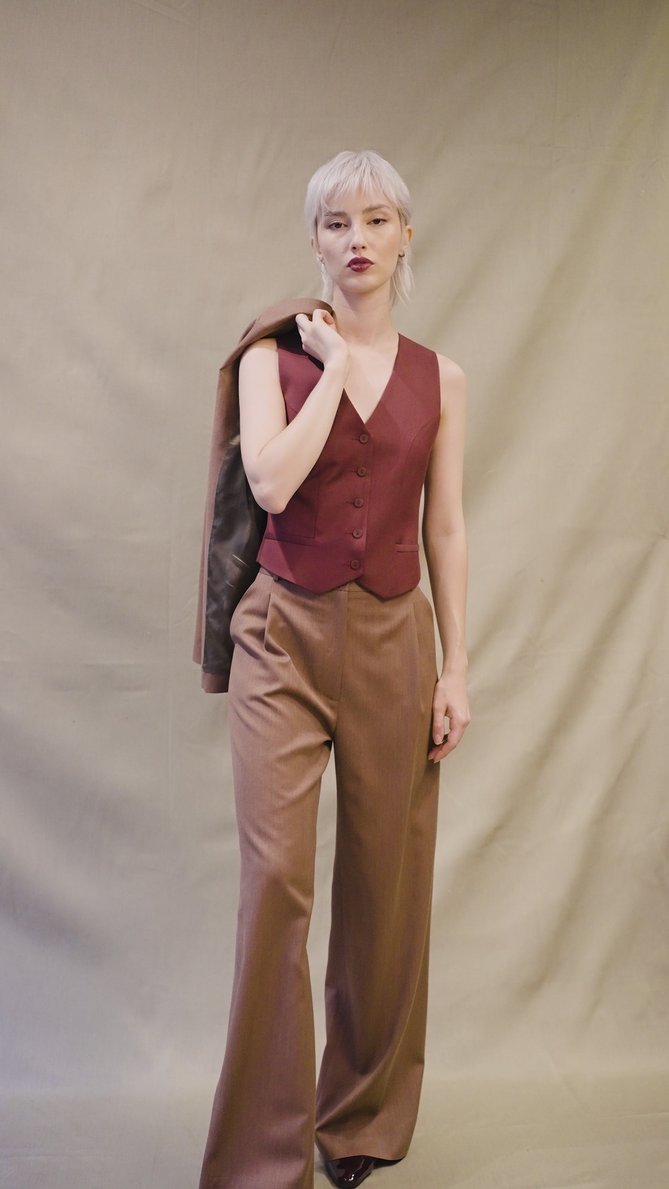 Tailleur Veste Pantalon Large Femme Laine Tomette  – Illusion My tailor is Joh