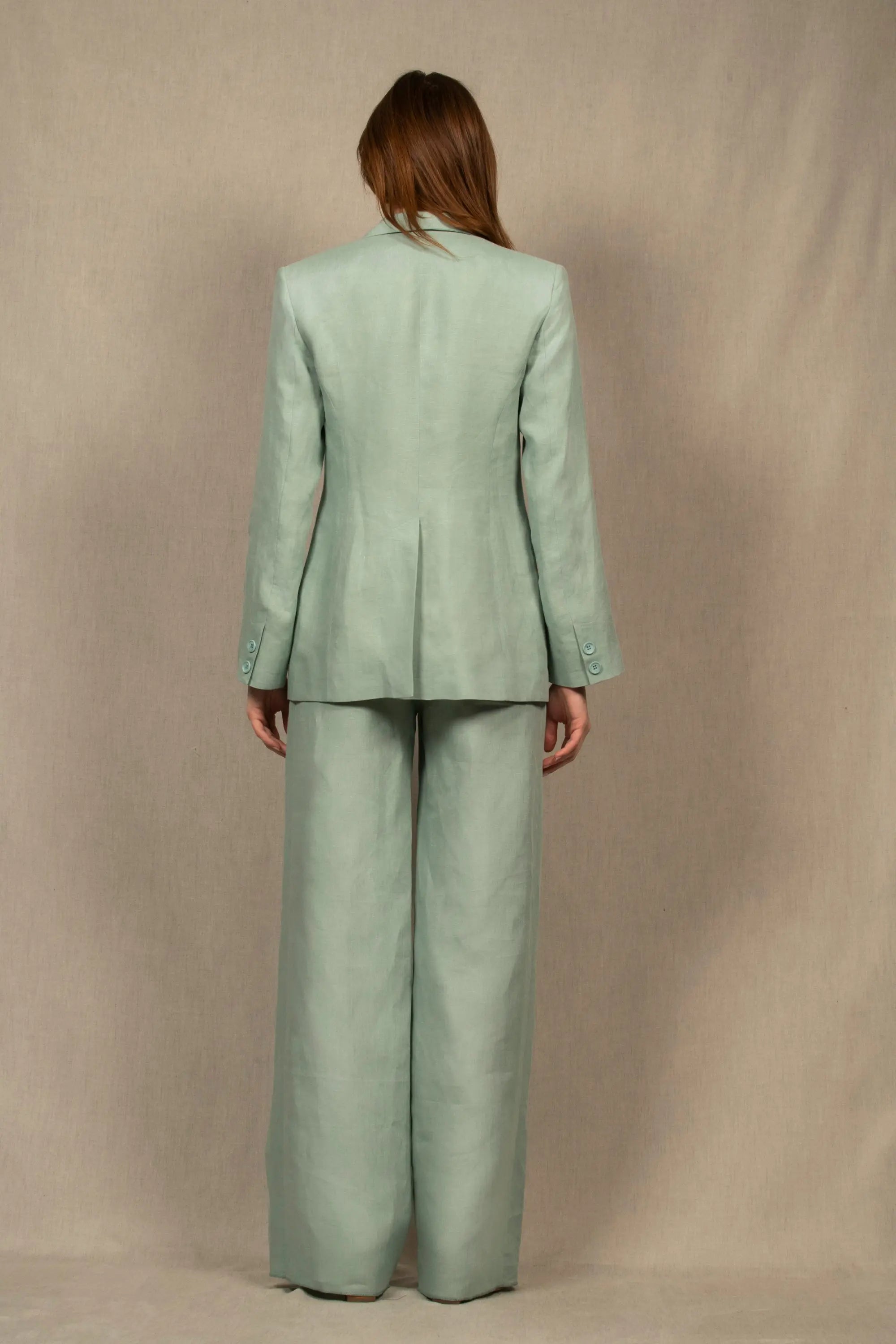 Tailleur Femme Veste Pantalon Large en Lin Bleu Céladon - My tailor is Joh