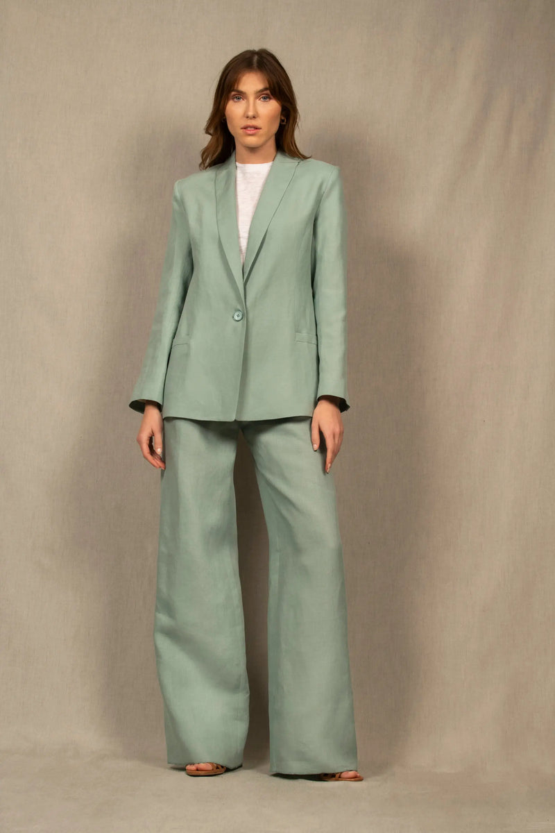 Tailleur Femme Veste Pantalon Large en Lin Bleu Céladon - My tailor is Joh