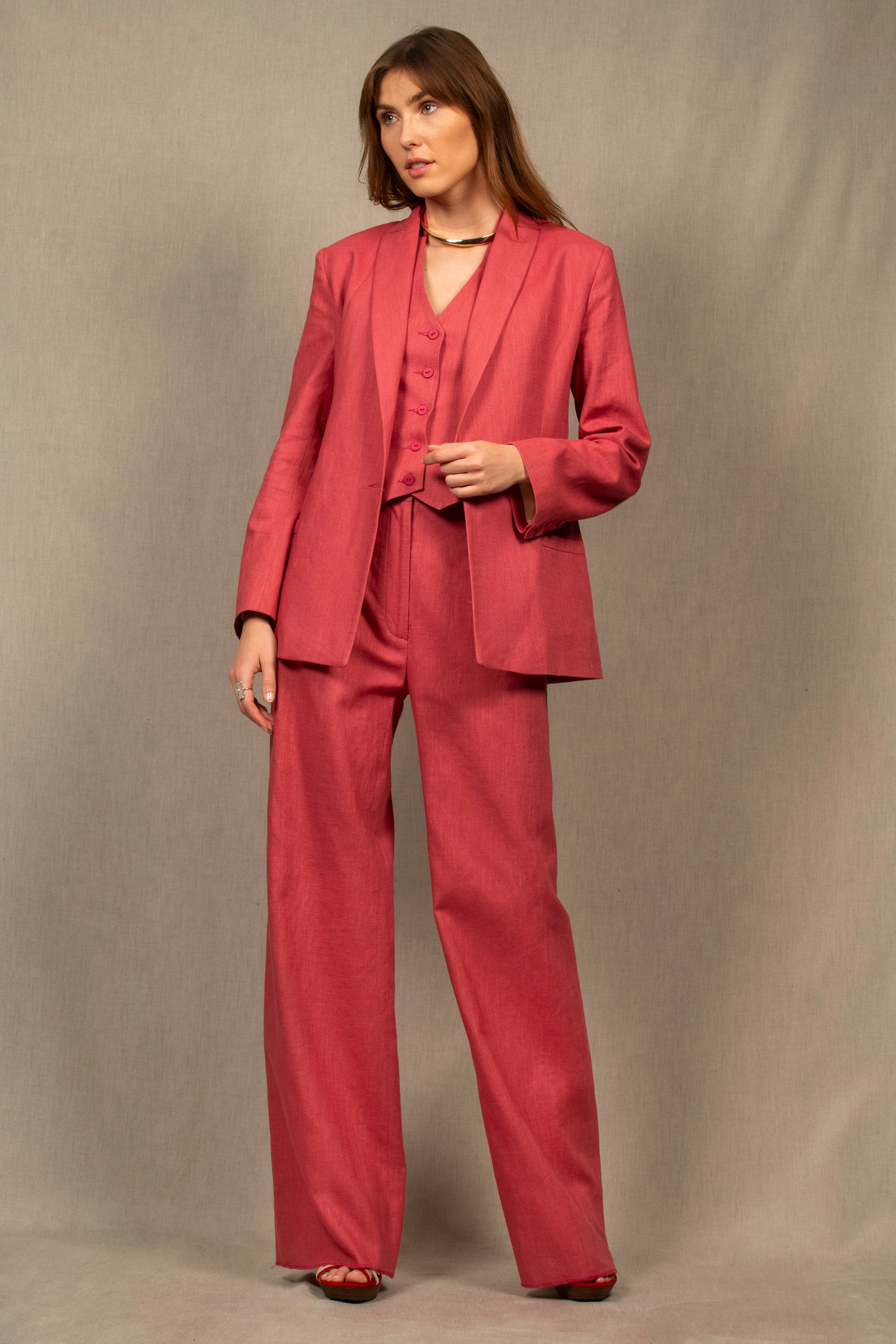 Tailleur Femme Veste Pantalon Large en Lin Rose Blush – Illusion SS25