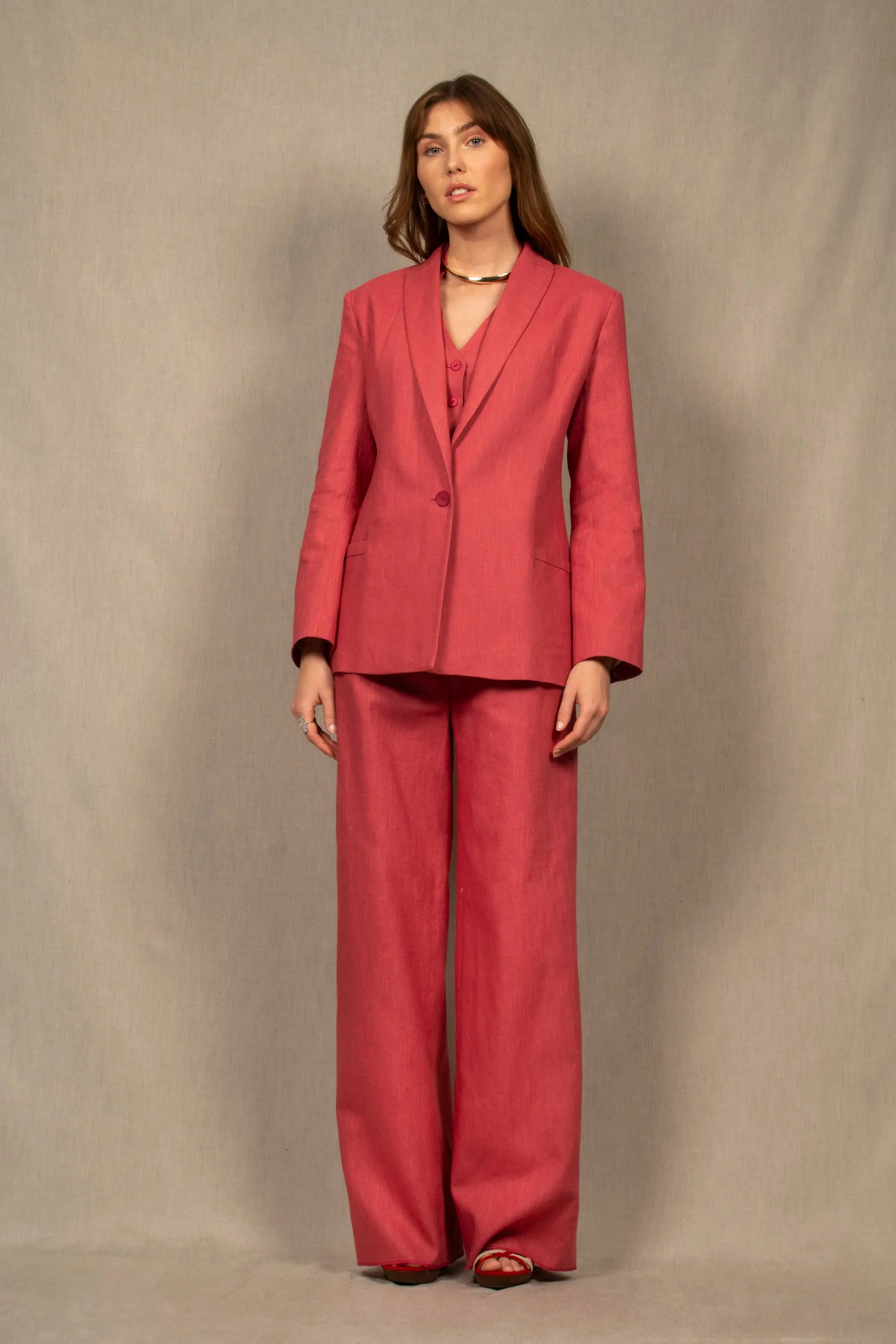 Tailleur Femme Veste Pantalon Large en Lin Rose Blush – Illusion - My tailor is Joh