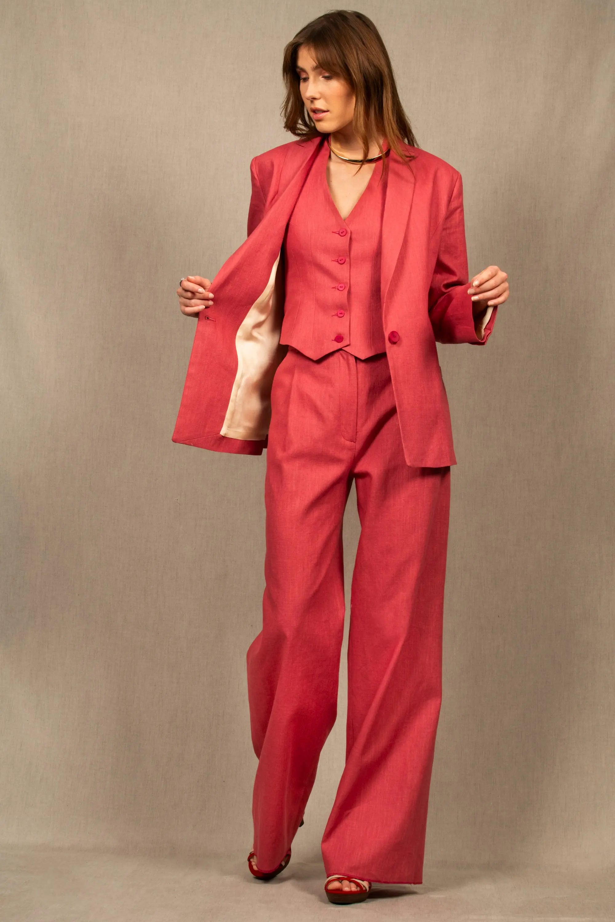 Rose Ensemble Tailleur Femme 2021 Lin Tailleur Vetement Tailleur