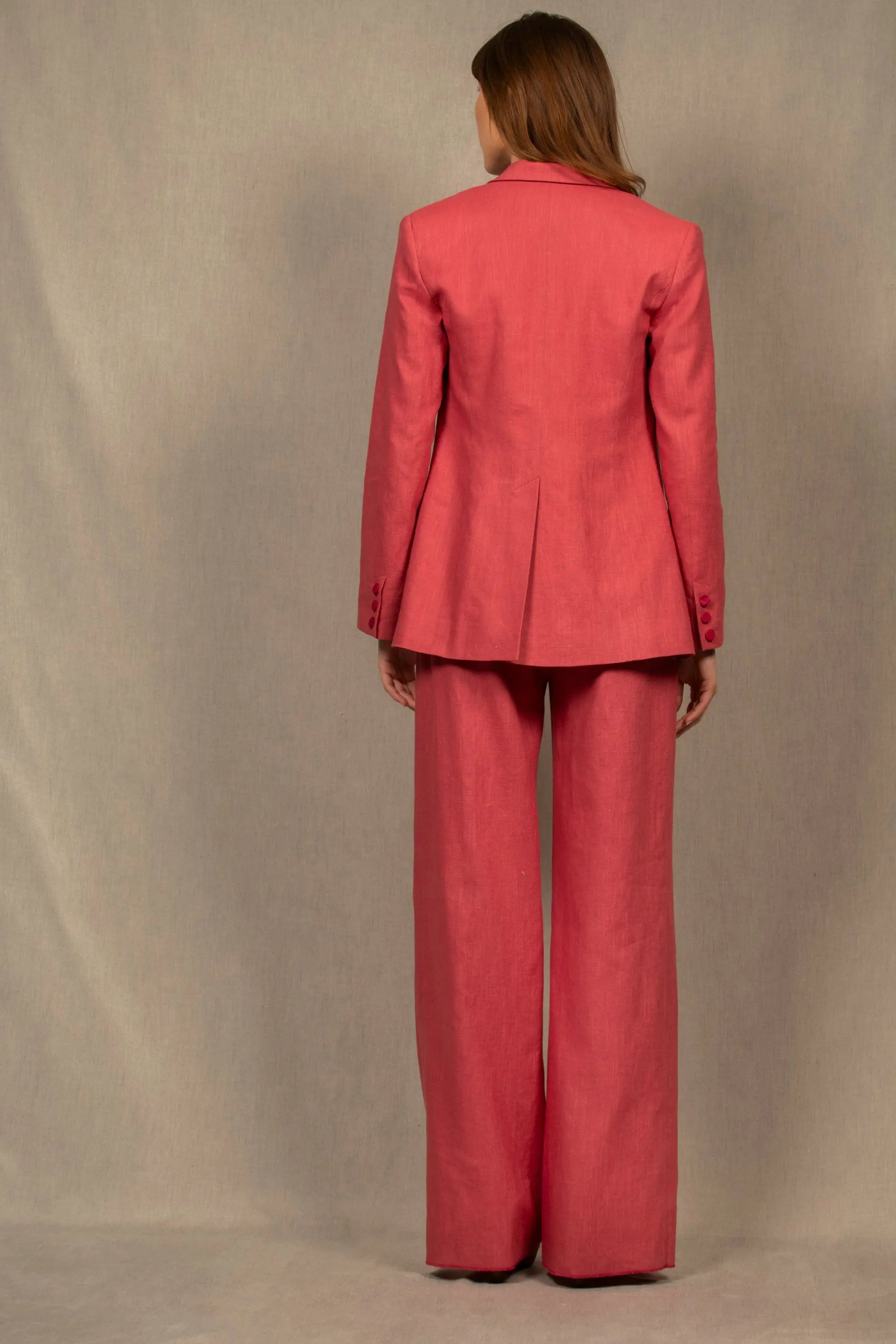 Tailleur Femme Veste Pantalon Large en Lin Rose Blush – Illusion - My tailor is Joh