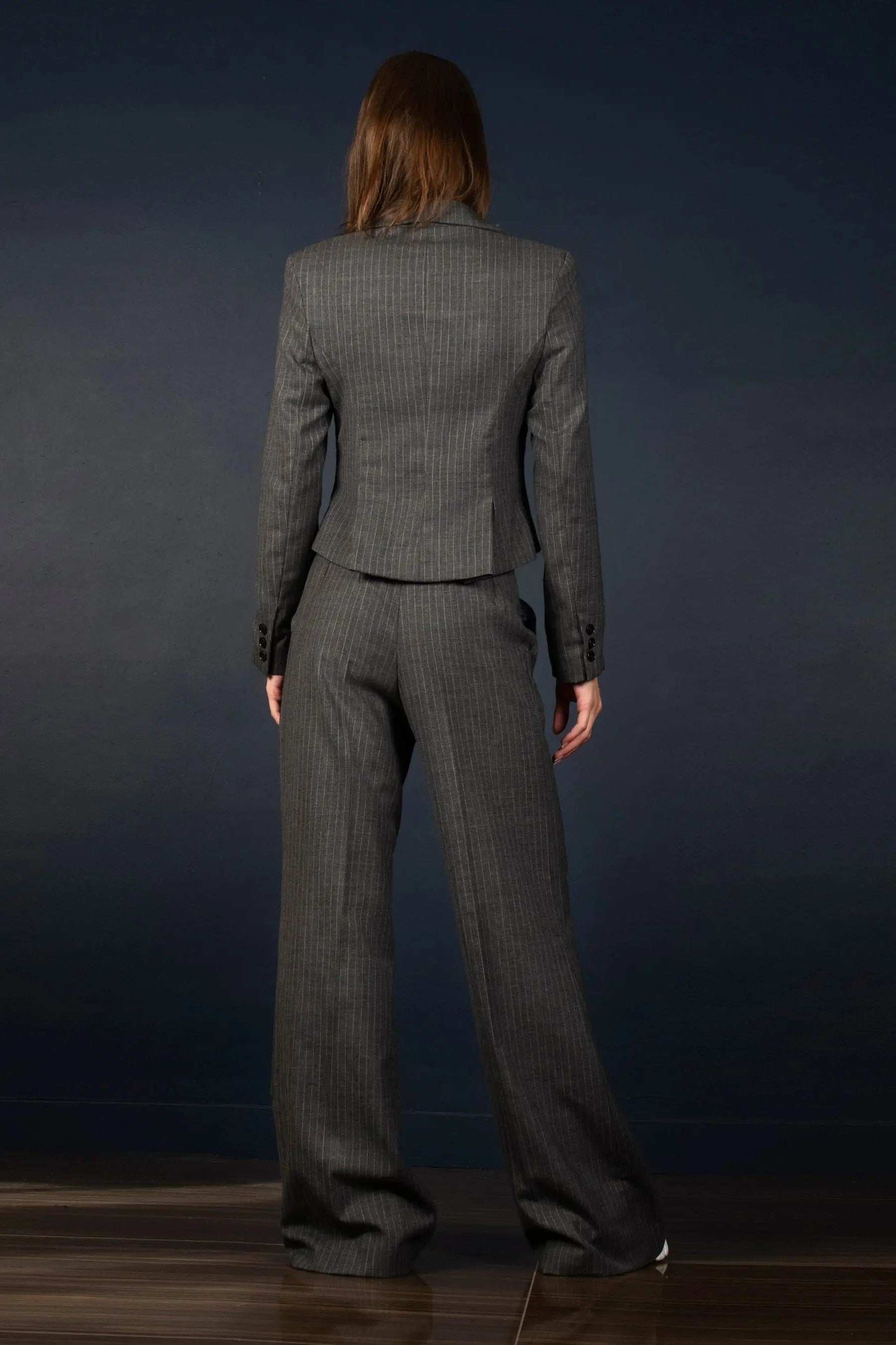 Tailleur Femme Veste Pantalon Large Laine Gris à rayures - Certitude - My tailor is Joh