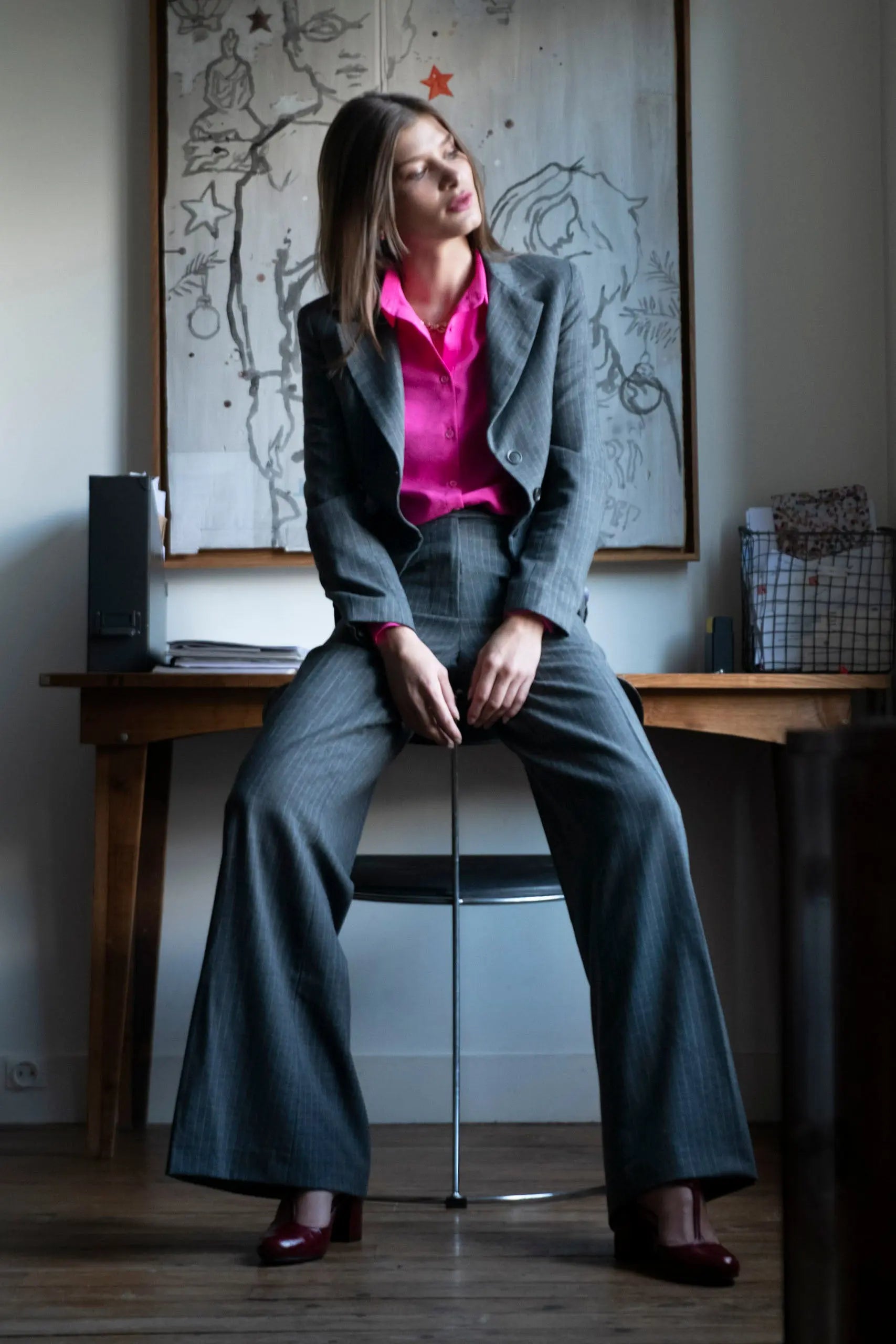 Tailleur Femme Veste Pantalon Large Laine Gris à rayures - Certitude - My tailor is Joh