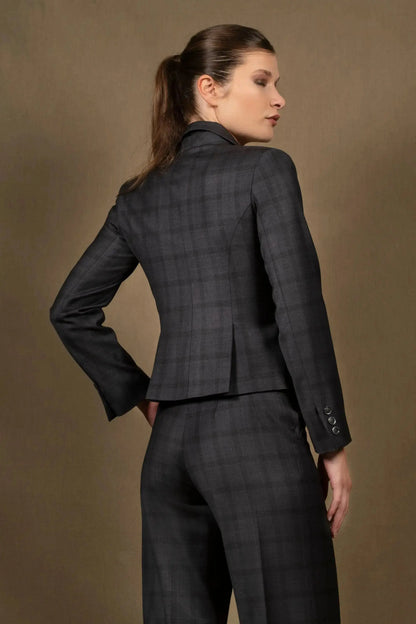 Tailleur Femme Veste Courte Pantalon Coupe Flair Laine Bleu Marine à Carreaux - Certitude My tailor is Joh