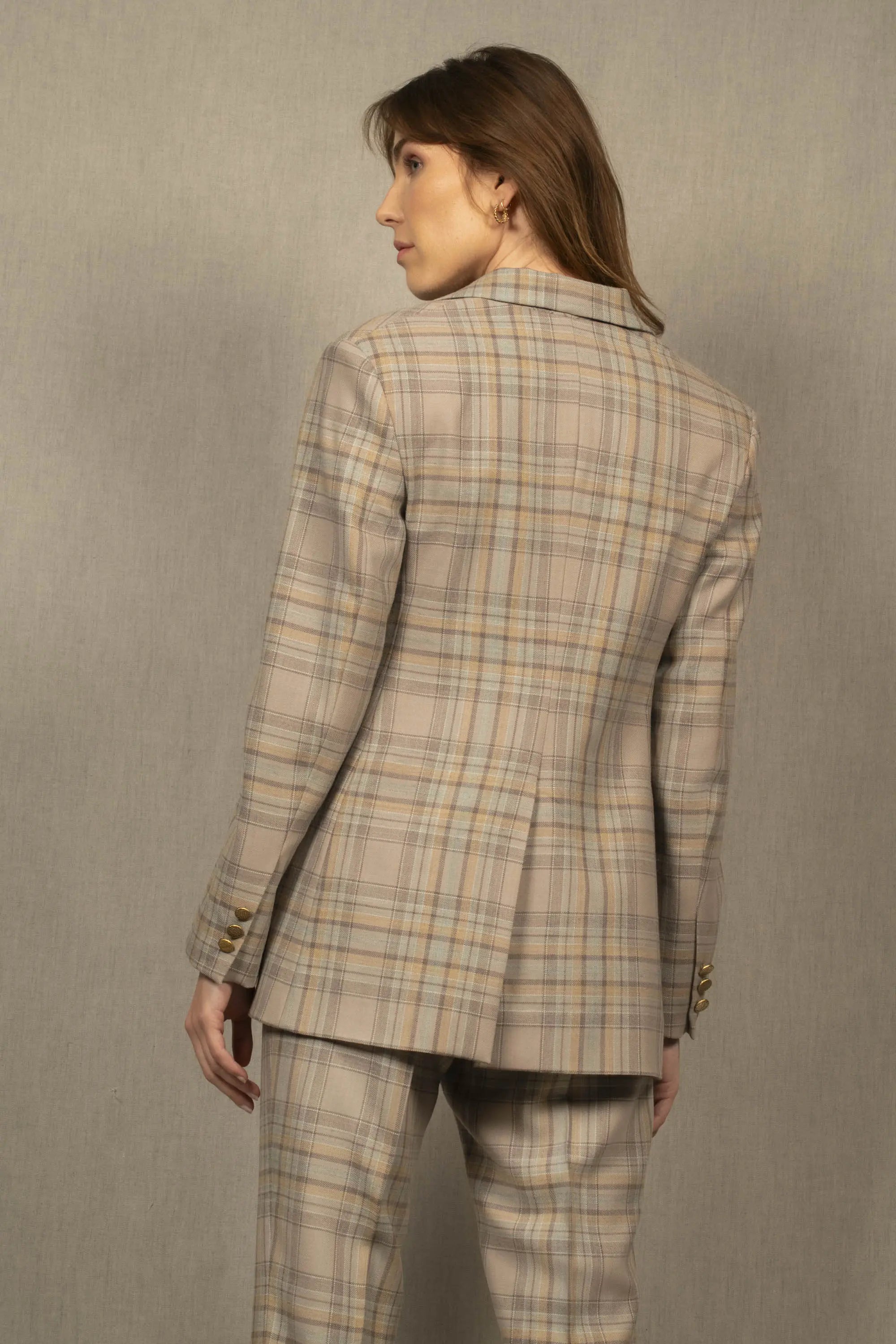 Veste Tailleur Femme Croisée en Laine à Carreaux Gris-bleu – Palace