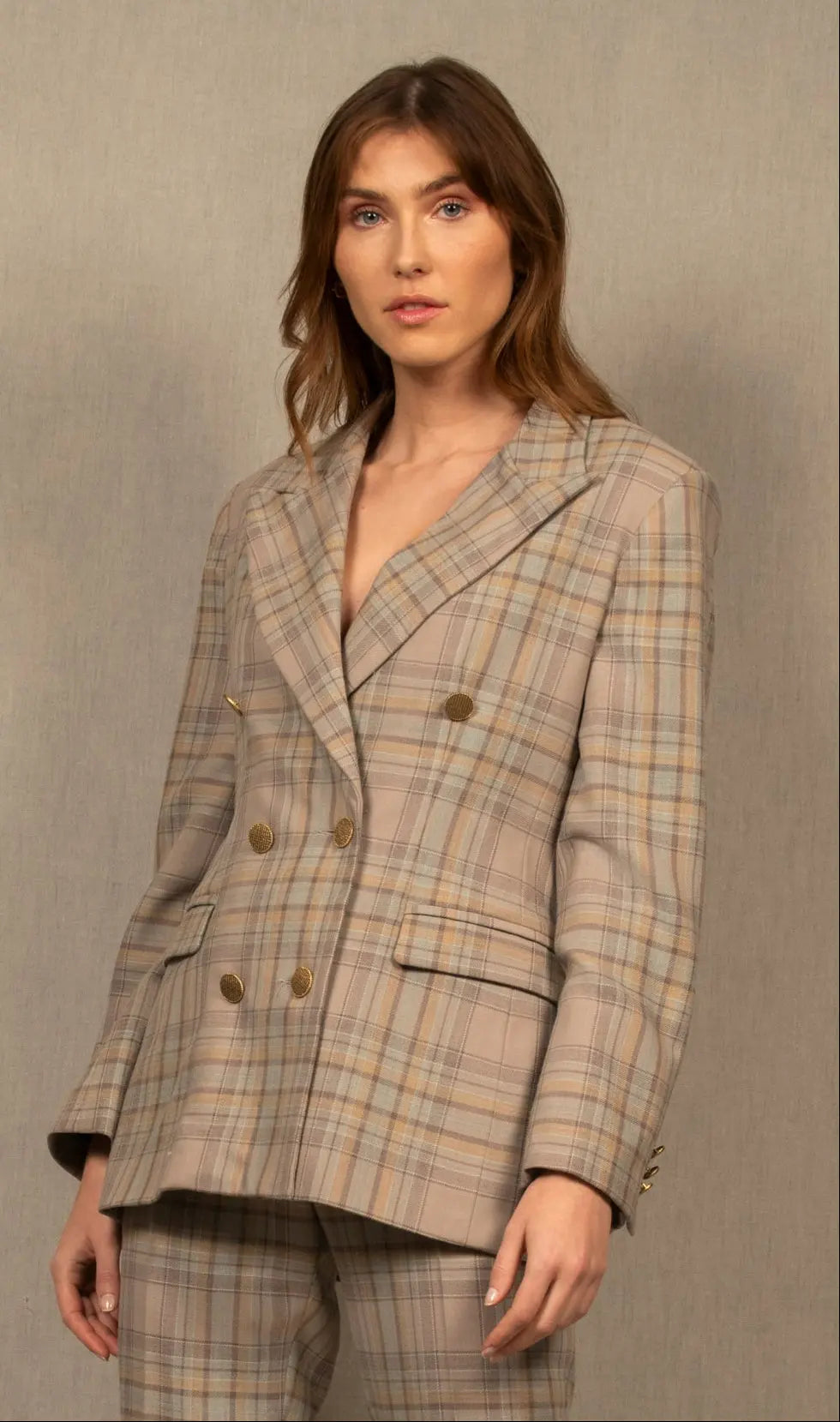 Veste Tailleur Femme Croisée en Laine à Carreaux Gris-bleu – Palace
