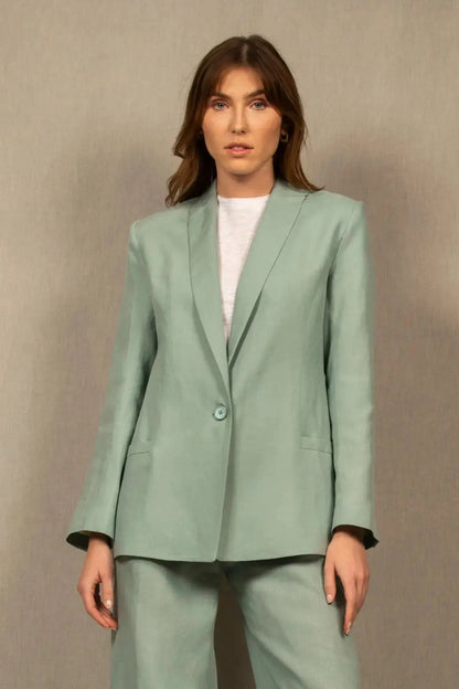 Veste Tailleur Femme en Lin Bleu Céladon – Illusion - My tailor is Joh