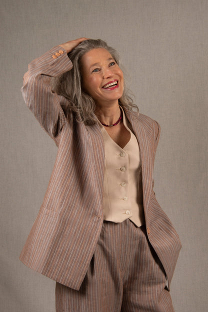 Veste Tailleur Femme en Lin Marron Rayé – Illusion My tailor is Joh