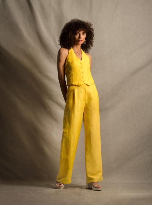 Le Pantalon large lin jaune Illusion - My Tailor Is Joh, la nouvelle marque de prêt à porter féminin, tailleurs, vestes, pantalons, robes, jupes, hauts, chaussures pour habiller les femmes.
