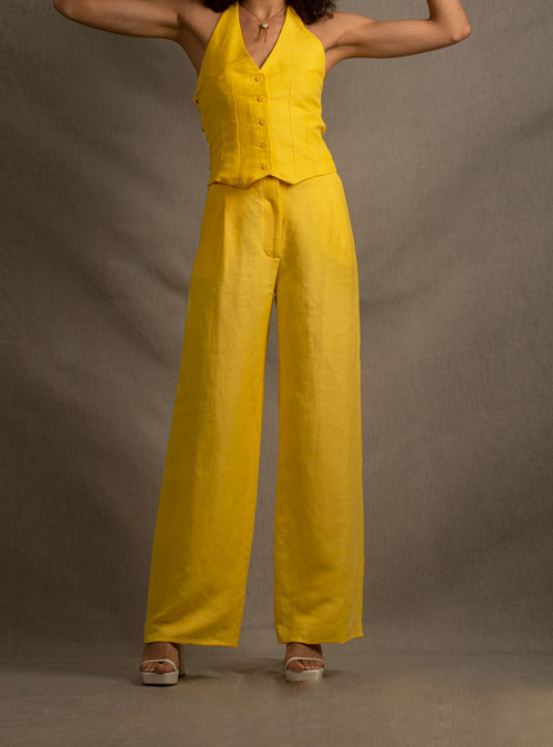 Le Pantalon large lin jaune Illusion - My Tailor Is Joh, la nouvelle marque de prêt à porter féminin, tailleurs, vestes, pantalons, robes, jupes, hauts, chaussures pour habiller les femmes.