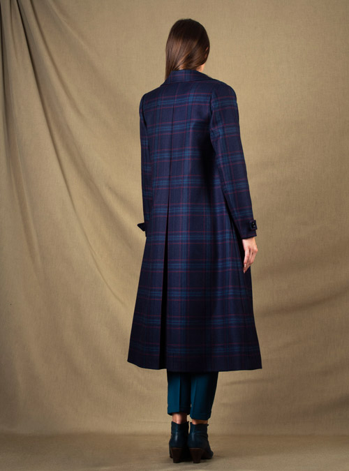 Manteau mi-long laine prince de galles bleu violet Palace - My Tailor Is Joh, la nouvelle marque de prêt à porter féminin, tailleurs, vestes, pantalons, robes, jupes, hauts, chaussures pour habiller les femmes.