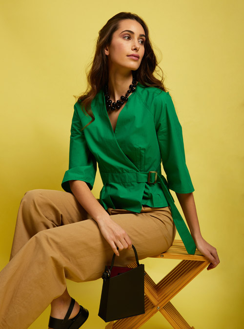 Le Cache-cœur coton vert Parenthèse - My Tailor Is Joh, la nouvelle marque de prêt à porter féminin, tailleurs, vestes, pantalons, robes, jupes, hauts, chaussures pour habiller les femmes.