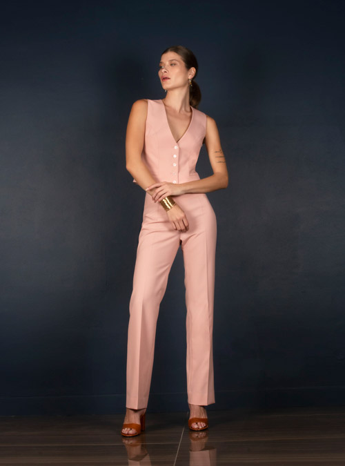 Ensemble gilet et pantalon tailleur laine femme rose ballerine fabriqués en France