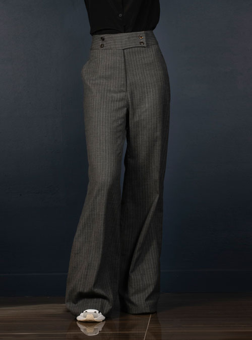 Pantalon femme large laine gris rayé fabriqué en France