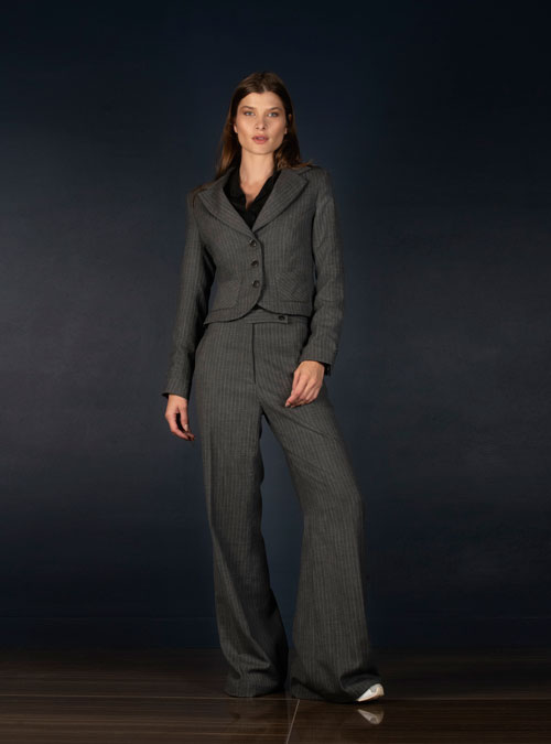 tailleur veste courte pantalon large femme laine gris rayé